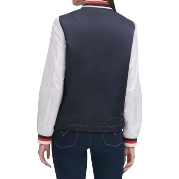 $100 Navy Levi’s Retro Varsity Bomber Jacket Medium Colorblock Stripe Trim NWT - Picture 4 of 16